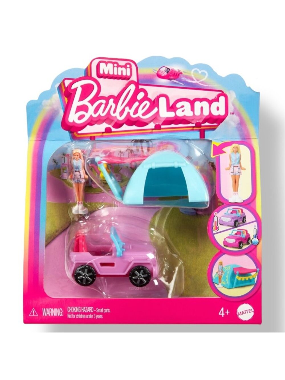 Mini Barbie Land Color-Changing Jeep Doll & Tent Playset - 1" Toy Car & Accessor